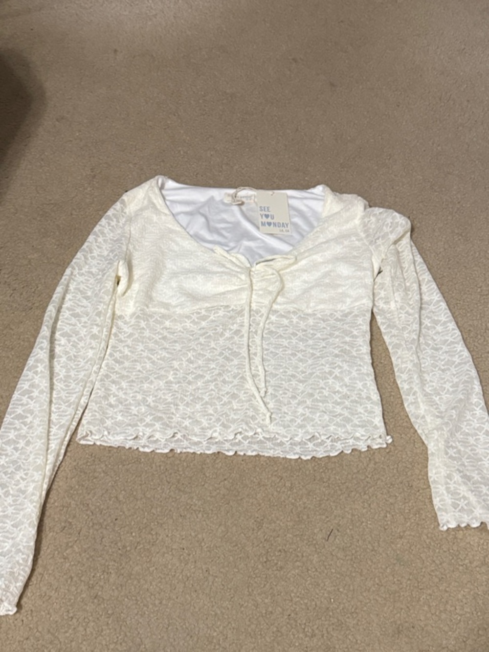 See You Monday Cream Lace Long Sleeve Tie-Front Top